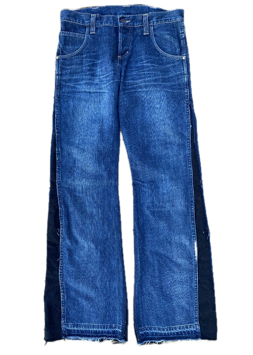 Blue and black distressed denim