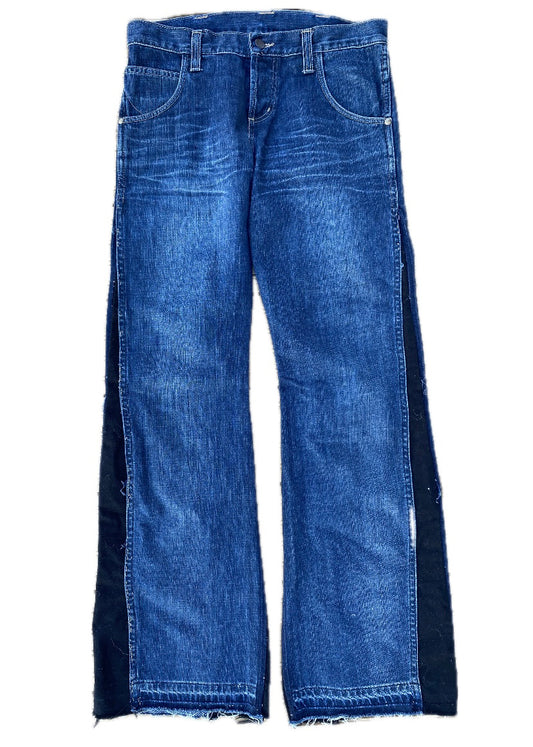 Blue and black distressed denim