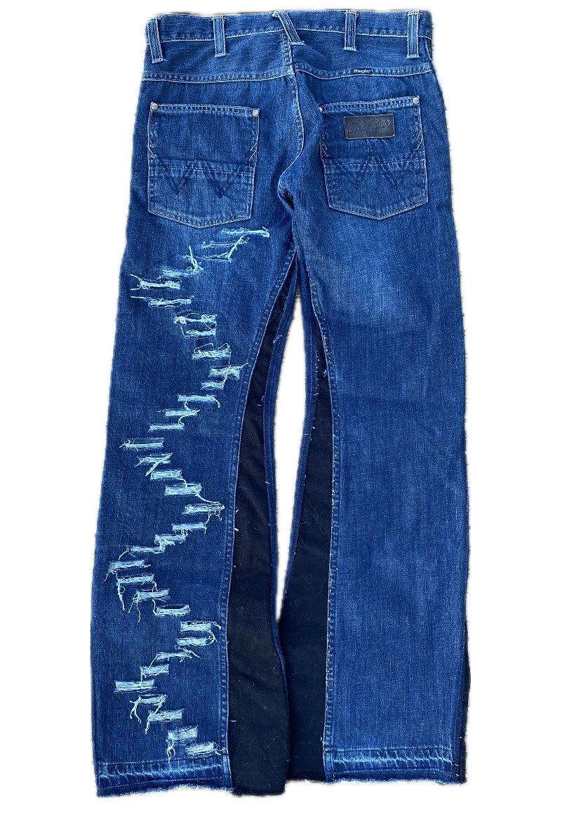 Blue and black distressed denim